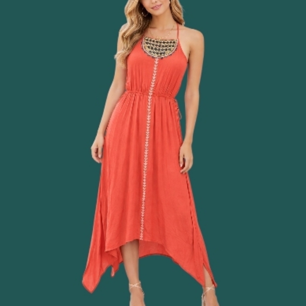 THML Salmon Aztec Embroidered Handkerchief Halter Slip Maxi Dress